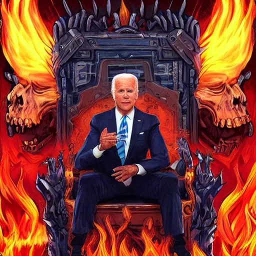 Image similar to Joe Biden sitting on a throne of skulls surrounded by fire, digital painting, highly detailed, trending on Artstation