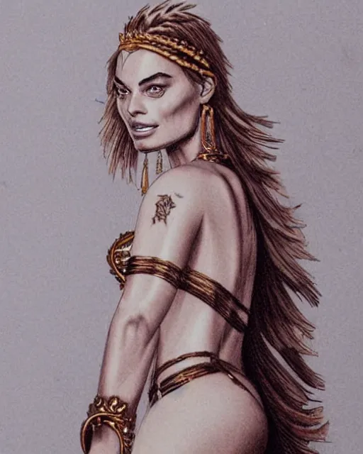 Image similar to realism tattoo sketch of margot robbie as a beautiful greek goddess aphrodite with piercing eyes wearing a laurel wreath and triangle earrings, in the style of greg rutkowski, amazing detail