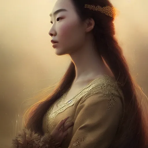 Image similar to beautiful elegant mongolian princess royalty portrait in sensual pose, face centered portrait, confident, fog, volumetric lighting, beautiful, golden hour, sharp focus, ultra detailed, conceptartworld by leesha hannigan, ross tran, thierry doizon, kai carpenter, ignacio fernandez rios