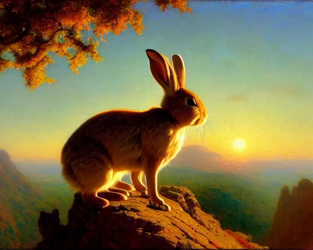 Image similar to hyper realistic rabbit looking off of a cliff, sun setting behind rabbit, lush forest in valley below, painted by gaston bussiere, craig mullins, j. c. leyendecker 8 k