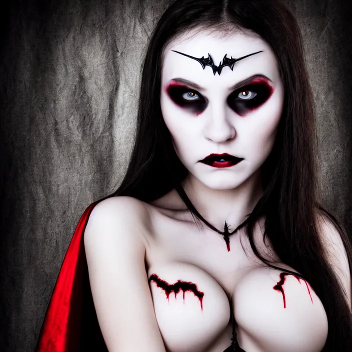 Prompt: portrait photograph of a real-life beautiful vampire queen warrior, looking at the camera!!. Extremely detailed