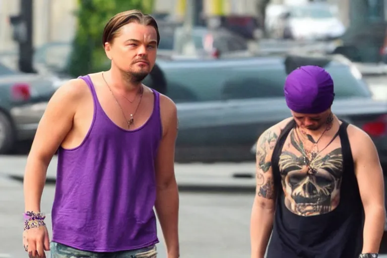 Image similar to medium full shot of leonardo dicaprio as a gang member wearing a purple head covering made from a polyester or nylon material and a stained white tank top caught sliding on a opp, arms covered in gang tattoo, paparazzi, leaked footage, uncomfortable, bad quality