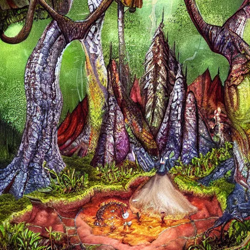 Image similar to an ultra detailed painting of a fantasy forest, nestled in a riverbank is a geode that contains a witch's den in it