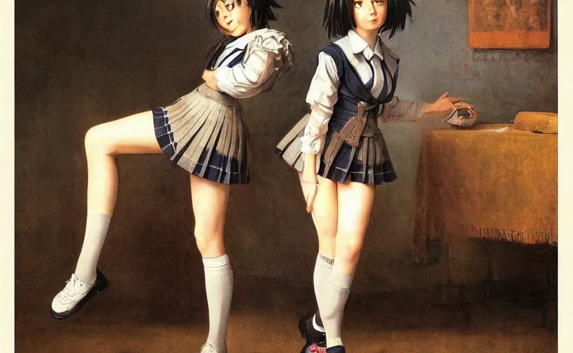 Prompt: school girl dancing, school uniform, seifuku, pleated miniskirt, overknee socks, battle angel alita. by rembrandt 1 6 6 7, illustration, by konstantin razumov