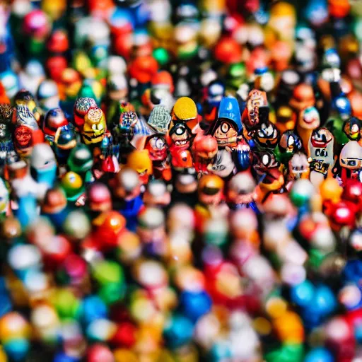 Prompt: a mountain of pop figures, photography, 3 5 mm lens, depth of field,