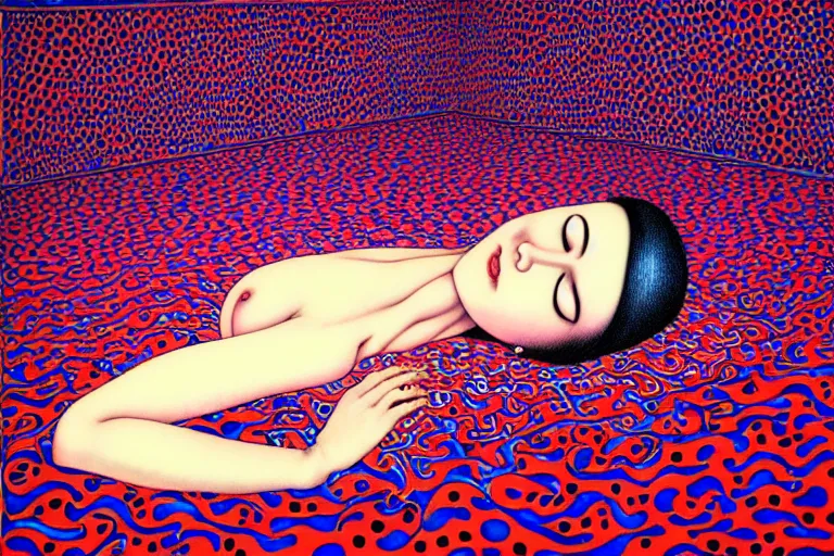 Image similar to realistic detailed image of a woman laying down in a padded room, conjuring psychedelic background, part by takato yamamoto, part by yayoi kusama, part by alex gray, ross tran, james jean, ultra realistic, octane render, highly detailed, 8 k, trending on artstation, cosmic, symmetry, masterpiece