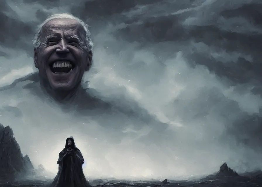 Prompt: abstract painting of giant Joe Biden smiling evil emperor of the world emerging in dark clouds, Sidious, noxious, cosmic horror, evil, dangerous, trending on ArtStation, masterpiece, by Greg Rutkowski, by Ross Tran, by Fenghua Zhong, octane, lightbeam eyes, soft render, clear facial features, oil on canvas, moody lighting, cinematic, professional environment concept art