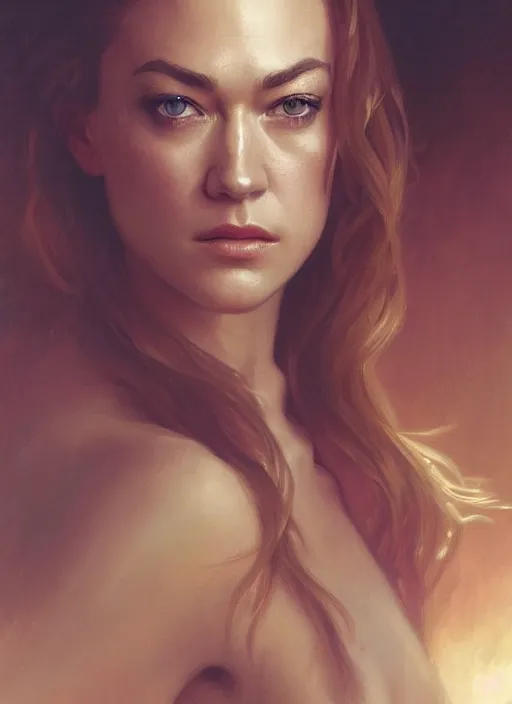 Image similar to beautiful portrait of yvonne strahovski, by magali villeneuve and greg rutkowski and artgerm and alphonse mucha, intricate, elegant, highly detailed, photorealistic, trending on artstation, trending on cgsociety, 8 k, sharp focus