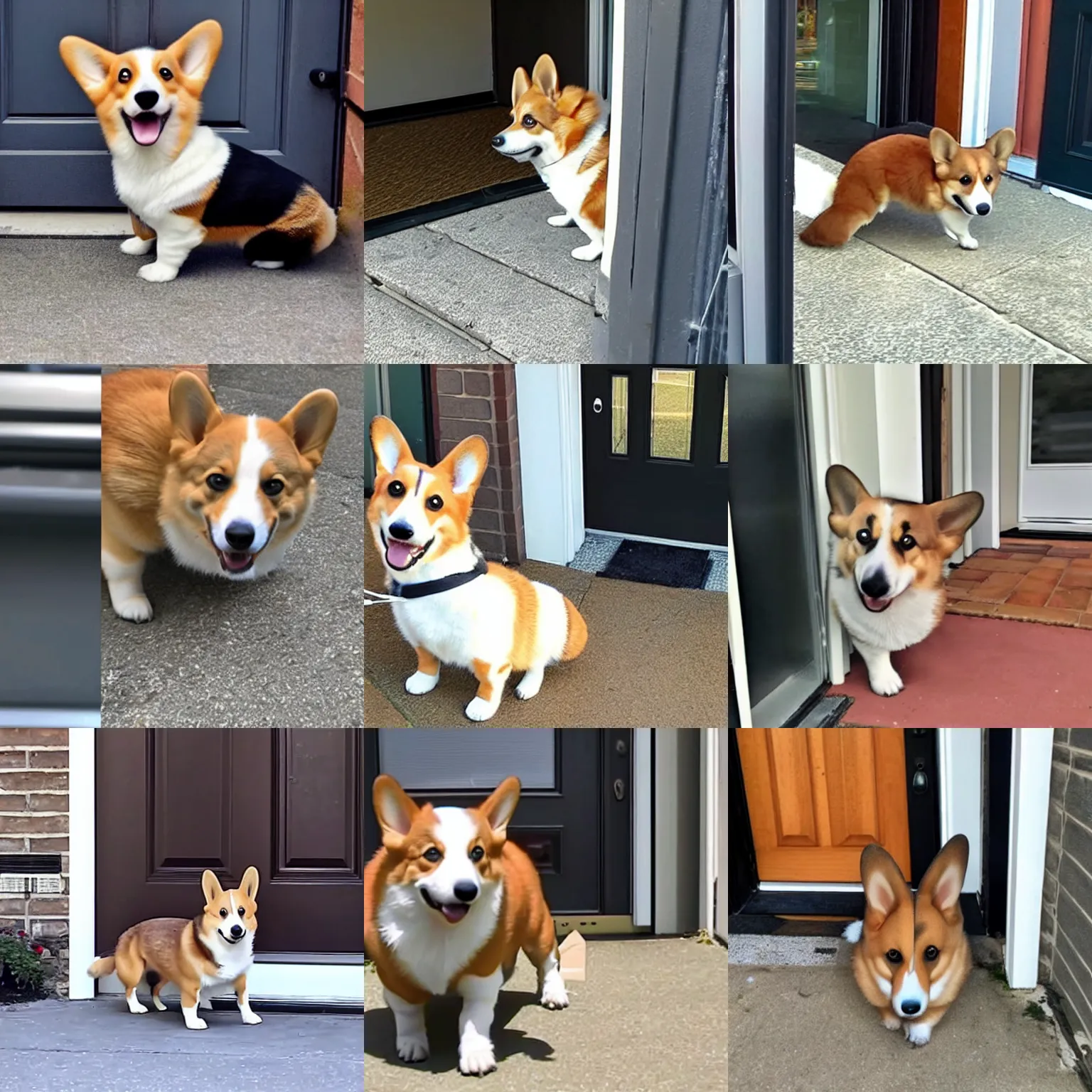 Prompt: front door security camera footage of a corgi mistaken as a delivery package