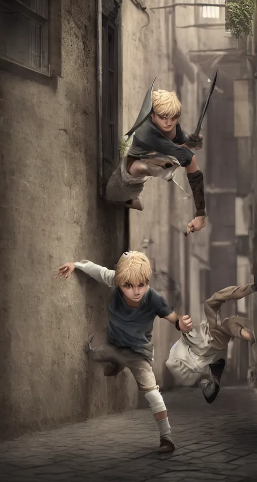 Image similar to A young blonde boy thief with daggers fighting in an alleyway , octane render, high detail, photorealistic, High details,4k