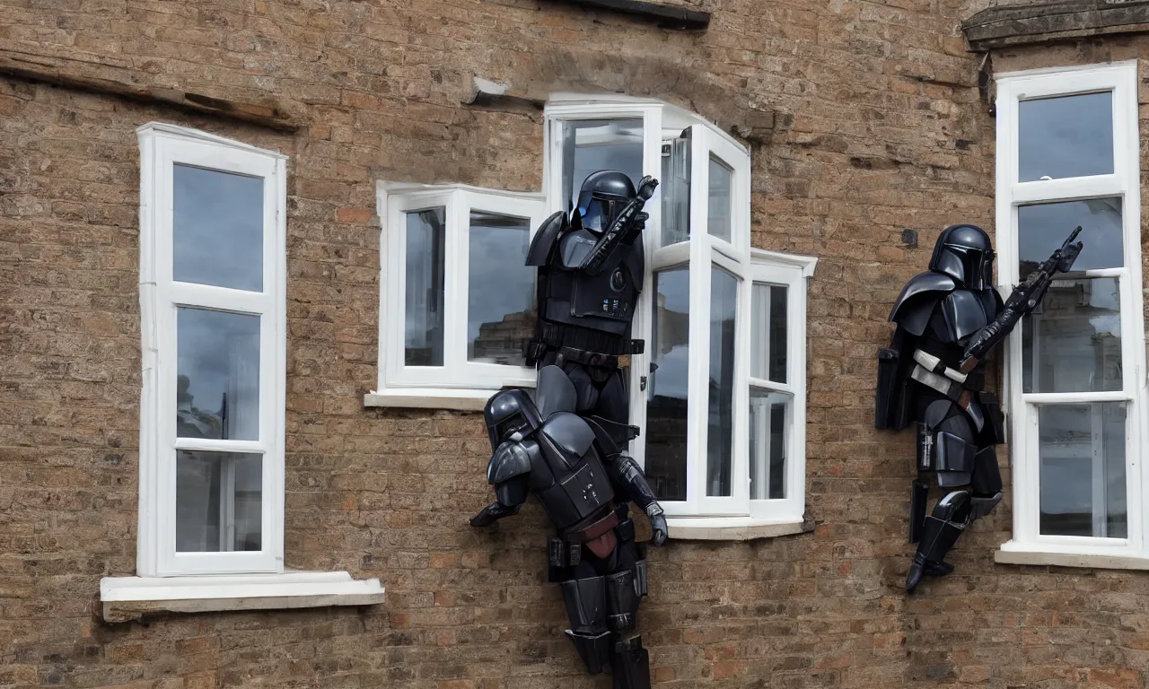 Image similar to photo of overweight mandalorian dismantling sash window in England