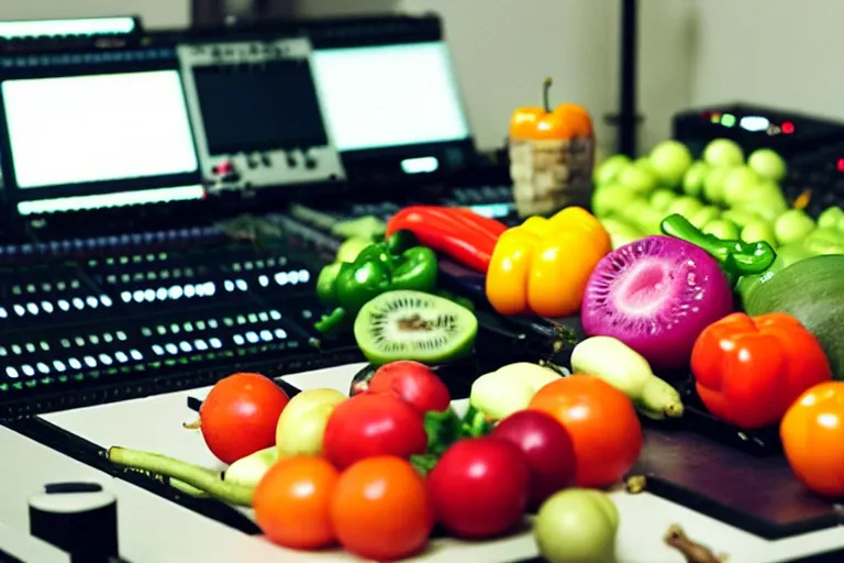 Image similar to film still of fresh fruits and vegetables with arms and legs making beats in the studio on an mpc