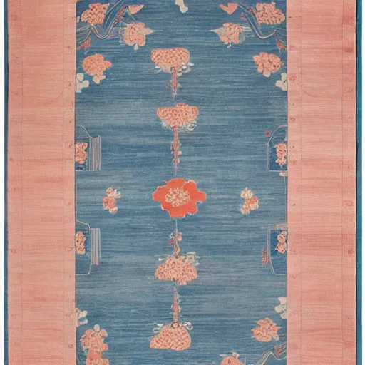 Image similar to A blue colored Japanese ukiyo-e rug with a Persian rug edge.,with soft pink colors