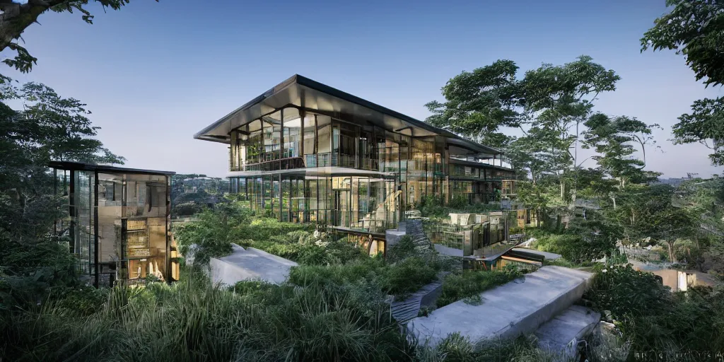 Prompt: 3d rendering of beautiful nature meets architecture concept of a residential house by Kengo Kuma, greg rutkowski and studio ghibli, volumetric lighting, luxury, high detail, 14mm, glass railing, outdoor staircase, terraces, roof garden, cinematic photography, cg architects, high resolution