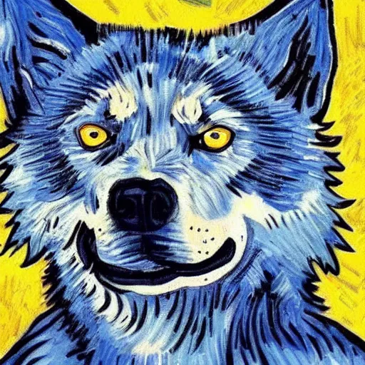 Image similar to retarded wolf portrait, van gogh style, complimentary colors