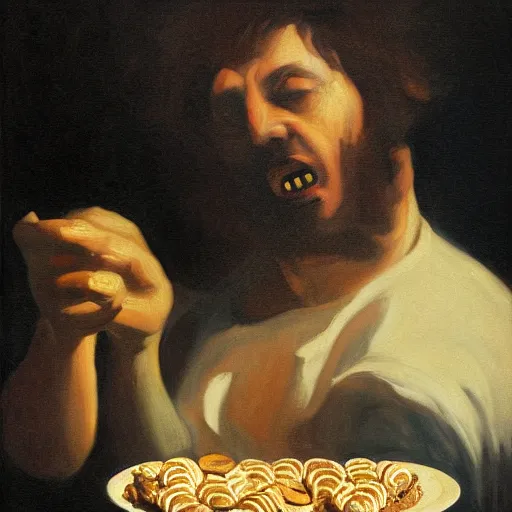 Image similar to saturn devouring a snickers chocolate bar, goya painting, in the style of goya and greg rutkowski, in the style of black paintings, 8 k, highly realistic