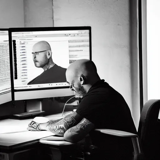 Image similar to dystopian photo of a slim, bald, middle aged man with a short beard and sleeve tattoos, he is sitting at a desk with a pc in a dark room, atmospheric, darkness, glowing screen, crisp detail, medium distance, office cubicles, by paolo pellegrin