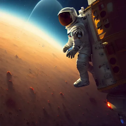 Prompt: centered portrait of the Astronaut riding on top of a rocket, realistic concept, light atmosphere, golden ratio, wide shot, cinematic lighting, hyperdetailed, high detailed, high resolution, insanely detailed and intricate, artstation, Marc Simonetti, Greg Rutkowski, octane render, unreal engine, 8k