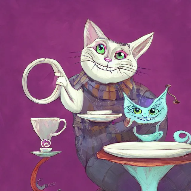 Image similar to cheshire cat drinking tea, by cory loftis, character art, art, very coherent, plain background, lighthearted, soft painting