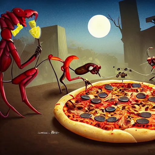 Prompt: bugs and maggot pizza, artstation, fantasy