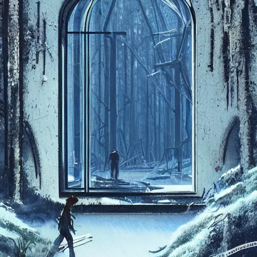 Image similar to stairs leading to a frozen derelict portal in a middle of a snowy lush futuristic forest, lush world seen only through a portal, daylight, cinematic lighting, blue sky, syd mead, john harris