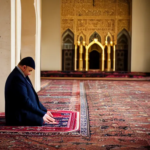 Image similar to Trump praying in mosque, award winning cinematic photography, 50 mm, blurred background, perfect faces