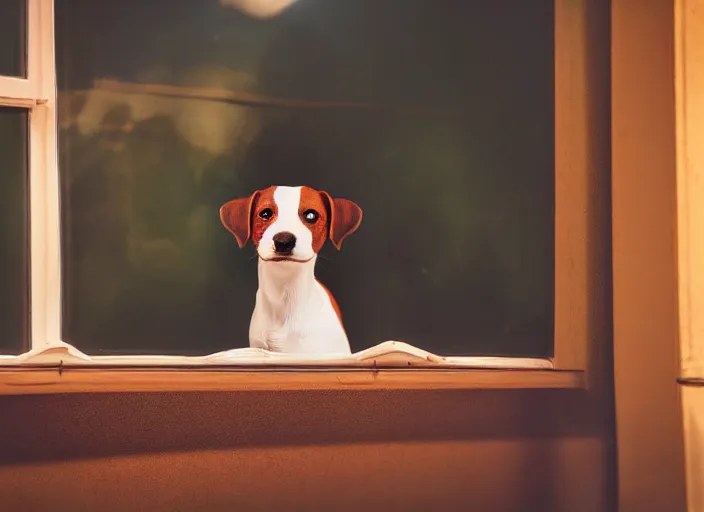 Image similar to photography of a Jack Russel . watching outside the window. on a bed. in a 70's room full of vinyls and posters, photorealistic, award winning photo, 100mm, sharp, high res