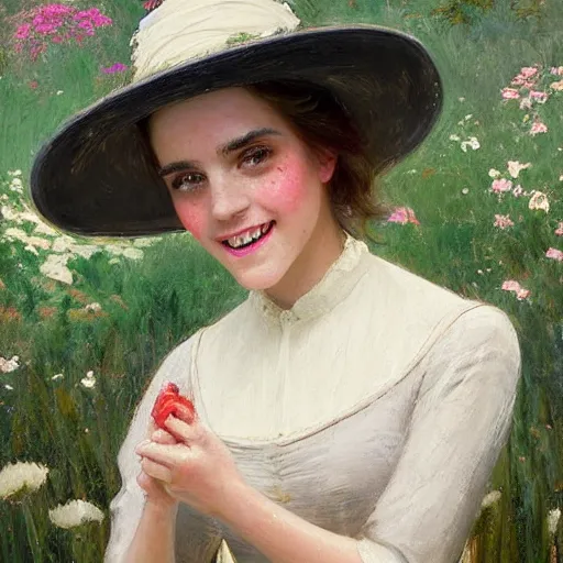 Image similar to thick paint brush strokes full body fashion model smiling squinting emma watson by Jeremy Lipking by Hasui Kawase by Richard Schmid (((smokey eyes makeup eye shadow fantasy, glow, shimmer as victorian woman in a long white frilly lace dress and a large white hat having tea in a sunroom filled with flowers, roses and lush fern flowers ,intricate, night, highly detailed, dramatic lighting))) , high quality