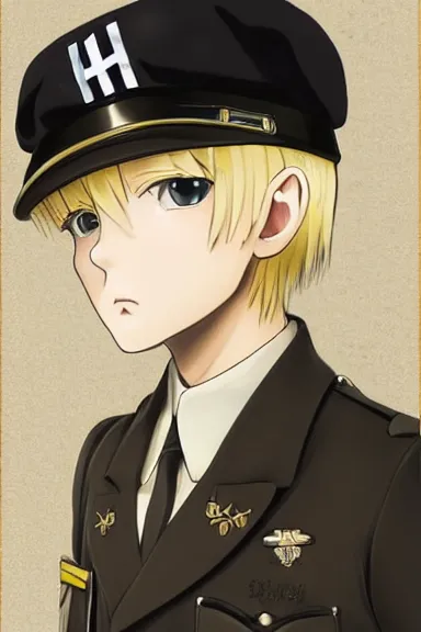Image similar to beautiful little blonde boy in nazi male uniform posing. made in abyss art style, sharps focus, cute detailed artwork, anatomically correct, soft details, ilya kuvshinov, reflection, perfect composition, wallpaper mobile, illumination, digital art, detailed anime soft face, symmetrical face, western comic, illustration, realistic, nazism, lois van baarle