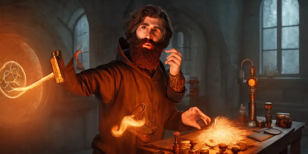 Image similar to a handsome bearded caucasian male sorcerer with brown hair, he is in a alchemist lab, casting a spell on a potion, action pose, digital art, photoreal, 4 k, unreal engine