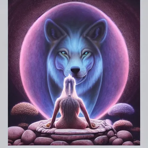 Image similar to an anthromorphic wolf meditating in a zen garden with a waterfall under the blood moon, by Adi granov and afarin sajedi and amanda sage and evgeni gordiets and Agostino Arrivabene and lisa frank in a psychedelic portrait style, ultrarealistic matte painting, volumetric lighting, fractal, extremely symmetrical, highly detailed face, orisha, 8k, hd