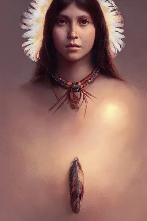 Image similar to portrait of native american girl with feathers in the background, staring directly into camera, intricate, elegant, glowing lights, highly detailed, digital painting, artstation, sharp focus, illustration, art by wlop, mars ravelo and greg rutkowski