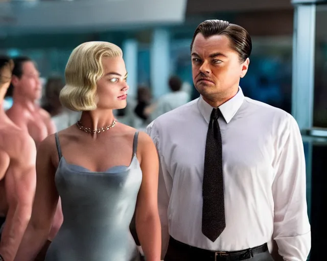 Image similar to leonardo dicaprio as the wolf of wall street next to margot robbie as naomi from the wolf of wall street, hyper realistic faces, detailed eyes, cinematic, long shot, hyper detailed, 8 5 mm photograph, 8 k resolution, film still, sharp lens, wide lens