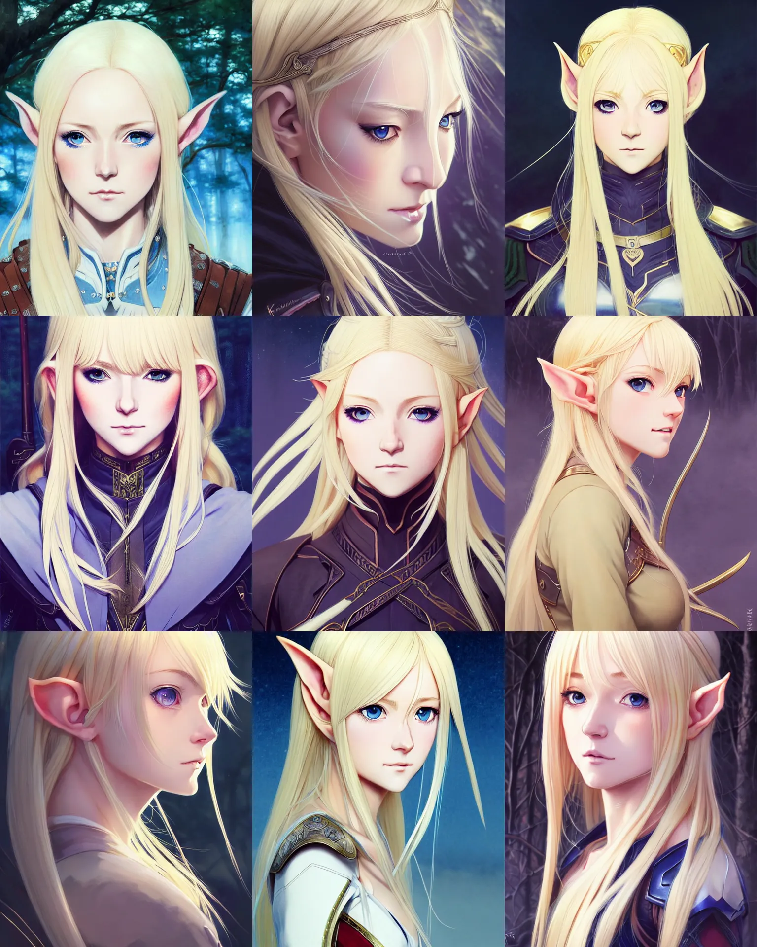 Prompt: A beautiful blonde elven huntress || very anime, close-up portrait, fine-face, pretty face, magic leather armor, realistic shaded Perfect face, fine details. Anime. realistic shaded lighting poster by Ilya Kuvshinov katsuhiro otomo ghost-in-the-shell, magali villeneuve, artgerm, Jeremy Lipkin and Michael Garmash and Rob Rey