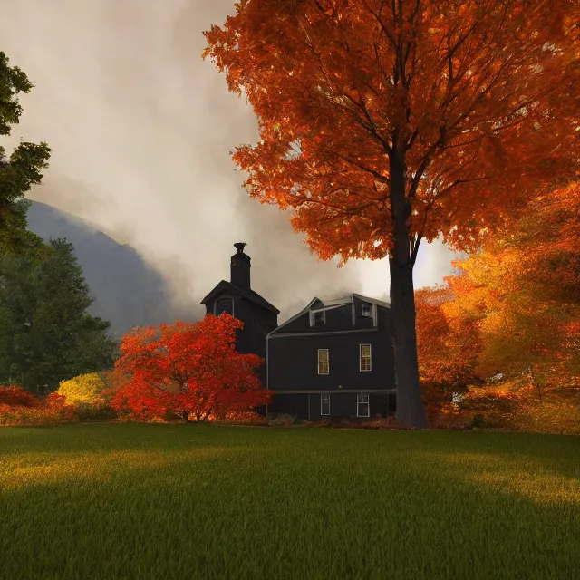 Prompt: black colonial new england house, tall maple tree in yard, large chimney with smoke, old street lamp, lights on inside, fall foliage, vermont mountain background, light cinematic, volumetric, realistic, cinematic lighting, ray tracing, unreal engine 5, octane render, hyper realistic, 8 k