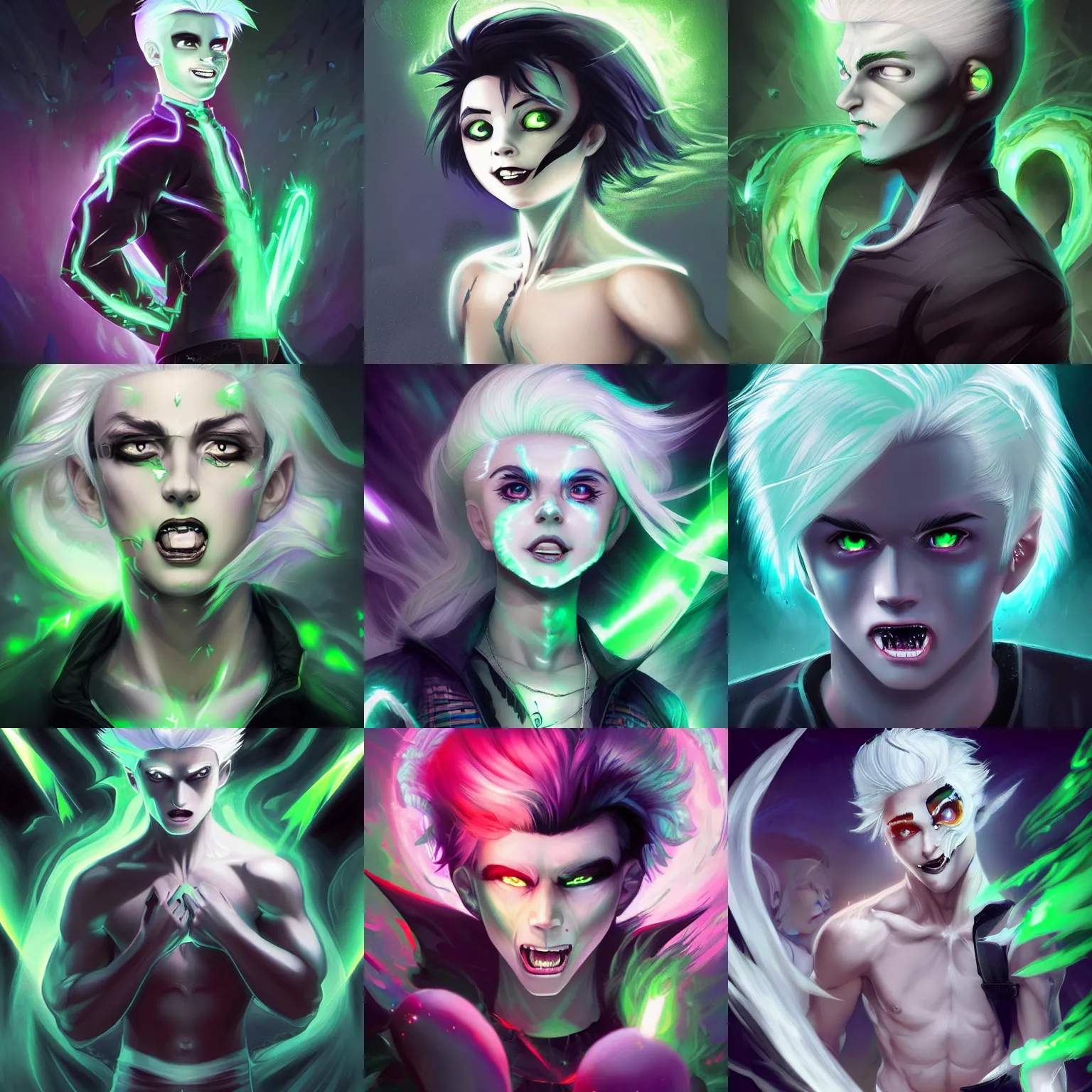 Prompt: Young Danny phantom with white hair and glowing green eyes and sharp fangs teeth, alt art, alt fashion, digital matte intricate illustration concept art, by WLOP and Ross Tran and Charlie Bowater and Artgerm and Mark Arian, neon colors, symmetry, greco-roman art, intricate complexity, epic composition, magical atmosphere, highly detailed, photorealistic face, cinematic lighting, masterpiece, trending on artstation + 8k