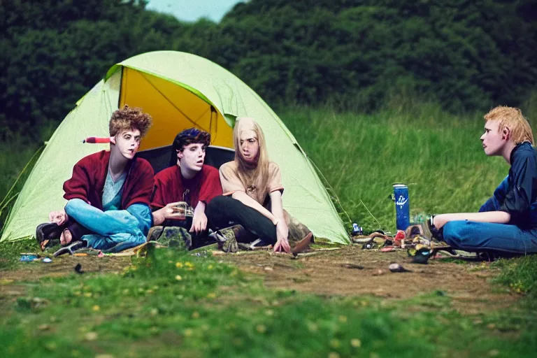 Image similar to candid photo of 3 teenagers camping at Glastonbury, UK, Kodak Portra 200,8K,highly detailed: beautiful perspective closeup environmental portrait photo in style of 2000s retrofuturism, cinema lighting , by beksinski, photography fashion edition, tilt shift, highly detailed, focus on man ;blonde hair;blue eyes, clear eyes, soft lighting