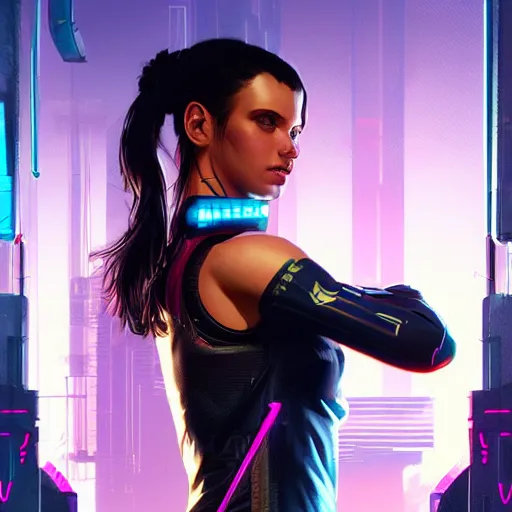 Prompt: an athletic humanoid girl, cyberpunk 2070, synthwave, highly detailed, full shot, digital painting, cgsociety, concept art, sharp focus, illustration, art by artgerm and greg rutkowski and alphonse mucha