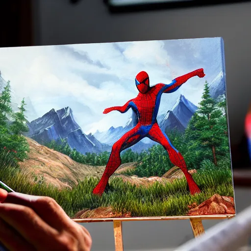 Image similar to a closeup photorealistic photograph of bob ross working on a canvas painting of spiderman. film still. brightly lit scene. mountains and trees. this 4 k hd image is trending on artstation, featured on behance, well - rendered, extra crisp, features intricate detail, epic composition and the style of unreal engine.