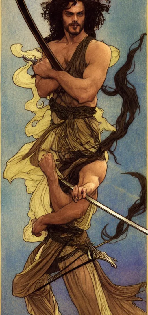 Image similar to one golden swordsman wielding two swords leans back as he lunges elegantly in the wind, his robes and long hair flowing in the breeze, fantasy, Mucha, MTG, Game of Thrones, salsa dancing, Rossetti, Millais, anatomically correct