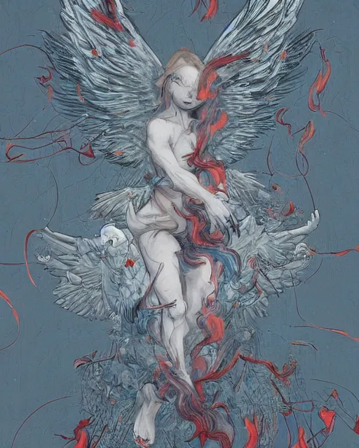 Prompt: an artwork by James Jean of an angel burning it wings. Art, highly detailed 4K