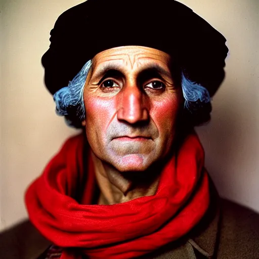 Image similar to portrait of george washington as afghan man, green eyes and red scarf looking intently, photograph by steve mccurry