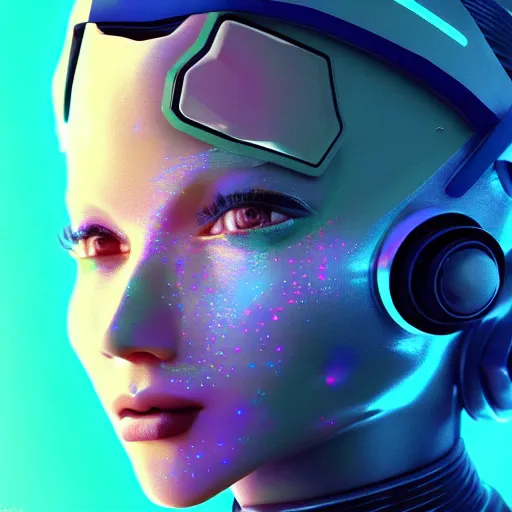 Image similar to cyberpunk concept cool girl cyborg bot, cinema 4 d, galaxy, ufo, space sci - fi, wearing vr goggles, illustration, portrait, pastel neon textured background night, trending on artstation, greg rutkowski, octane rendered, 1 2 k, detailed,