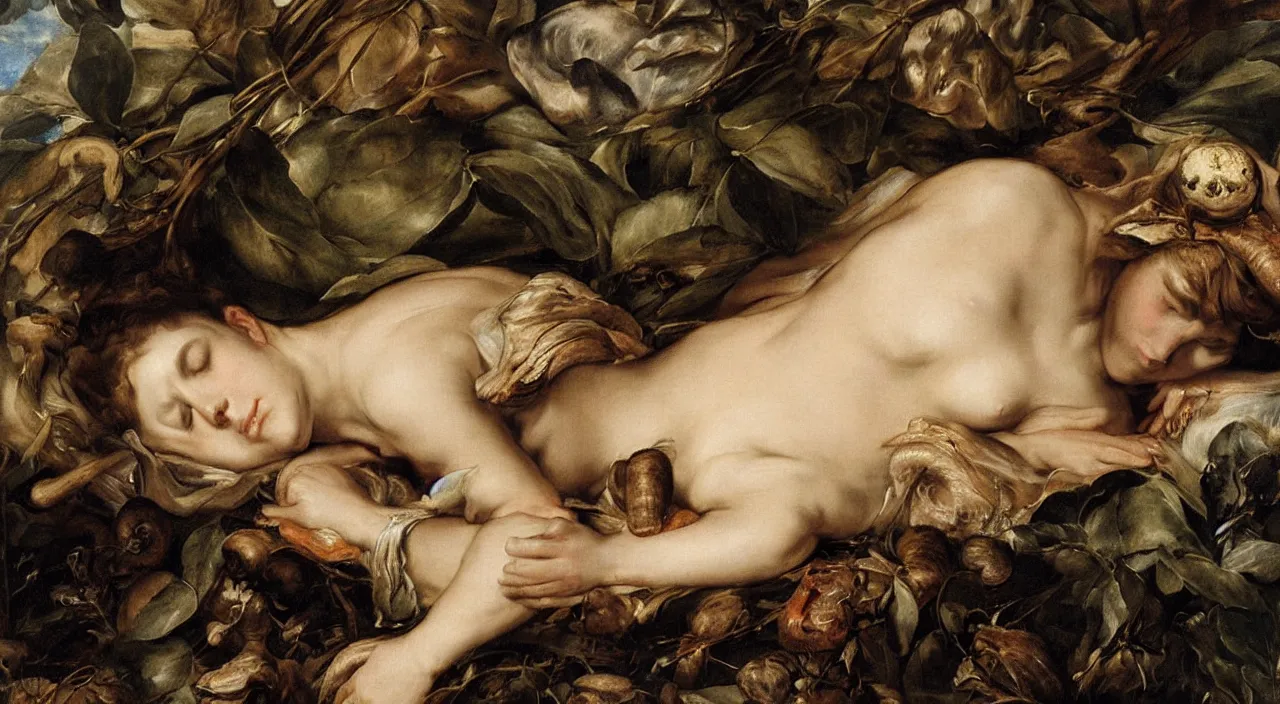 Prompt: pretty sleeping woman with mushrooms as camouflage, by rubens