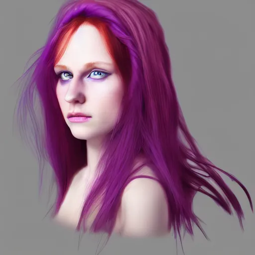 Prompt: woman with long ginger hair and purple eyes in semi realism style, trending on artstation