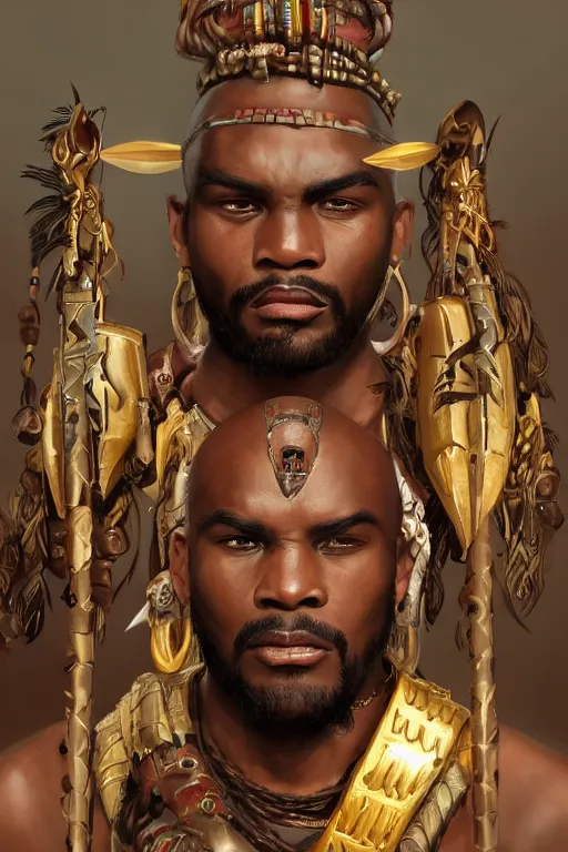 Prompt: Ogun with large tribal bladed weapons, cinematic action pose with many tribal warriors behind him, bronze-brown skin with masculine features - strong jaw line, bald head and menacing look, tribal markings with golden and jeweled adornments, medium shot digital illustration trending on artstation by artgerm and raphaelite, face by wlop, detailed and concise