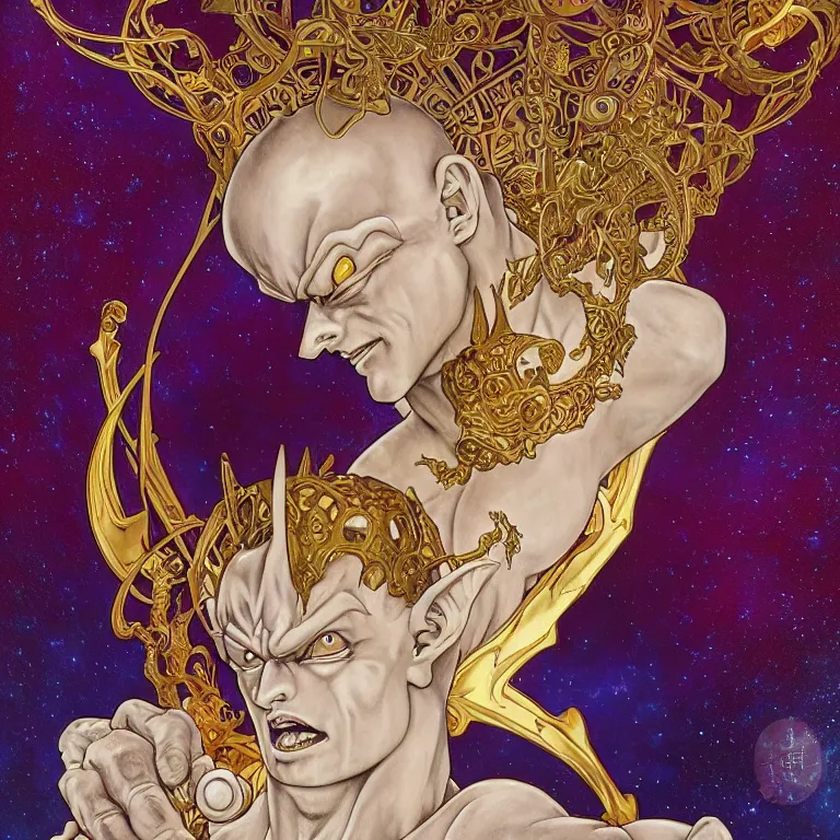 Prompt: portrait of Frieza made with porcelain by Jeff Easley and Peter Elson + beautiful eyes, beautiful face + symmetry face + border and embellishments inspiried by alphonse mucha, fractals in the background, galaxy + baroque, gothic, surreal + highly detailed, intricate complexity, epic composition, magical atmosphere + masterpiece, award winning + trending on artstation