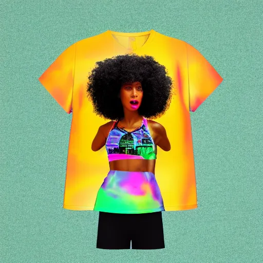 Image similar to realistic product mock up of a woman wearing an all over print crop top in the style of vaporwave and synthwave, 8 k realistic photo