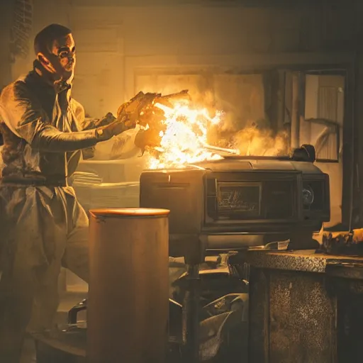 Image similar to cyborg with toaster oven chest, dark messy smoke - filled cluttered workshop, dark, dramatic lighting, orange tint, sparks, cinematic, highly detailed, sci - fi, futuristic, movie still