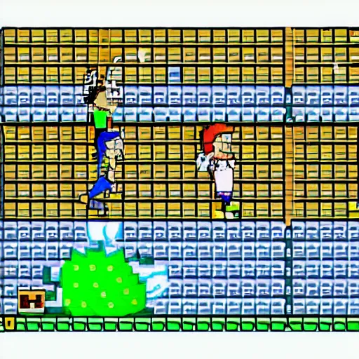 Image similar to Rick and Morty as characters in SNES Super Mario Bros, pixelated, 8bit, jumping